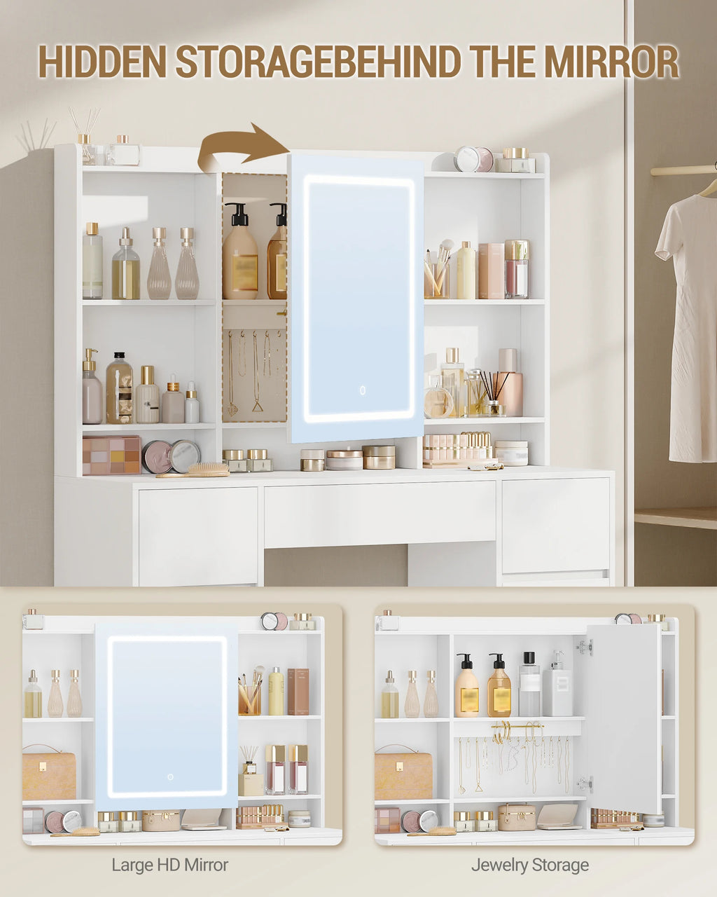 Coiffeuse avec Grand Miroir LED et 7 Tiroirs - Adèle – vue 5