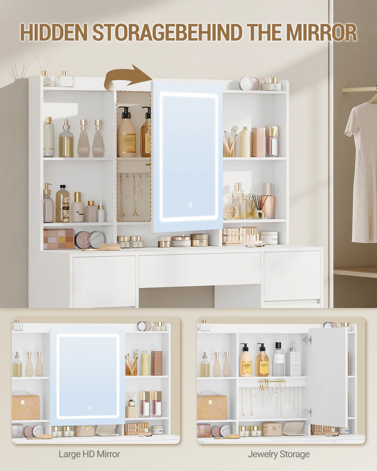 Coiffeuse avec Grand Miroir LED et 7 Tiroirs - Adèle – vue 5