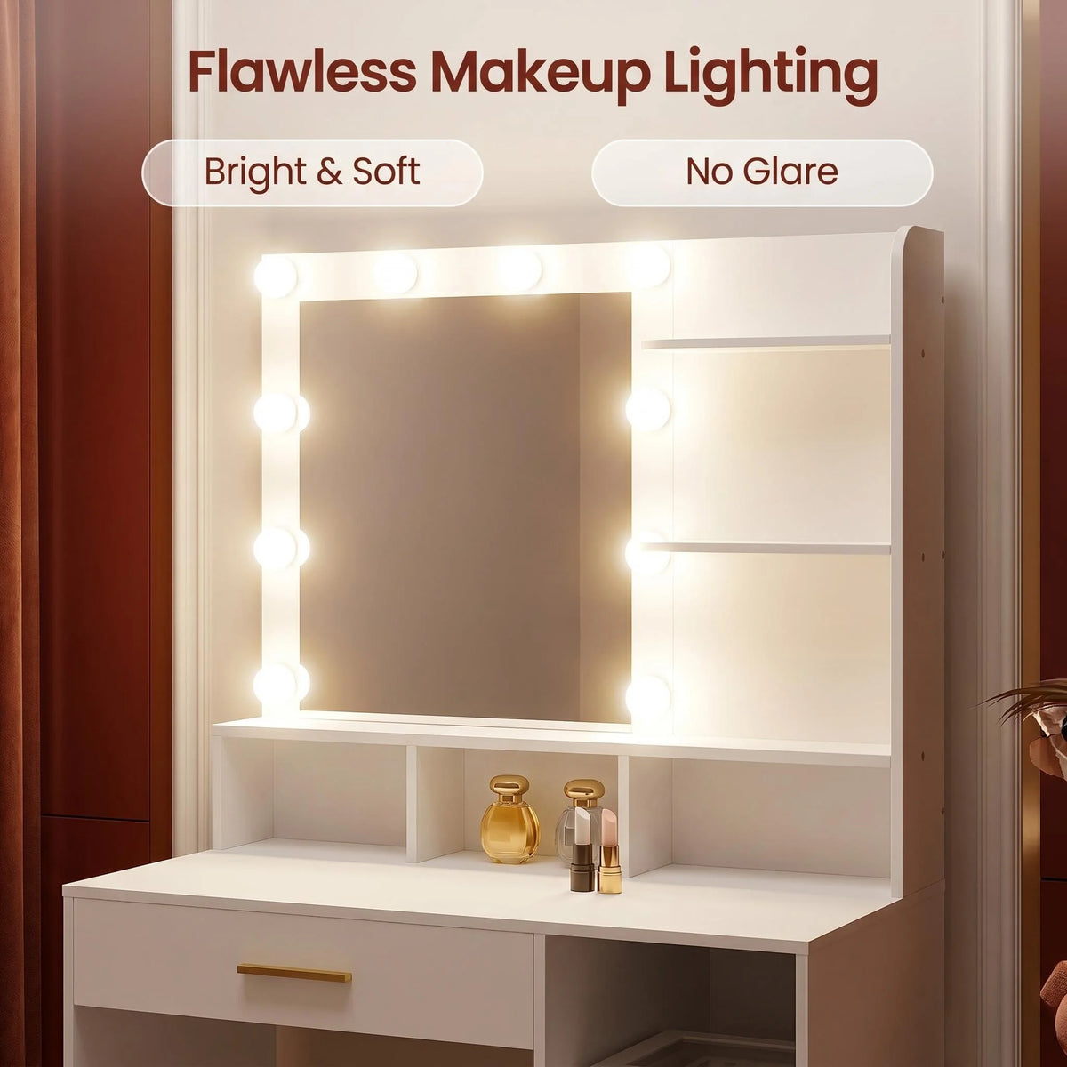 Coiffeuse avec Miroir 10 LED et 3 Étagères - Lucie – vue 2