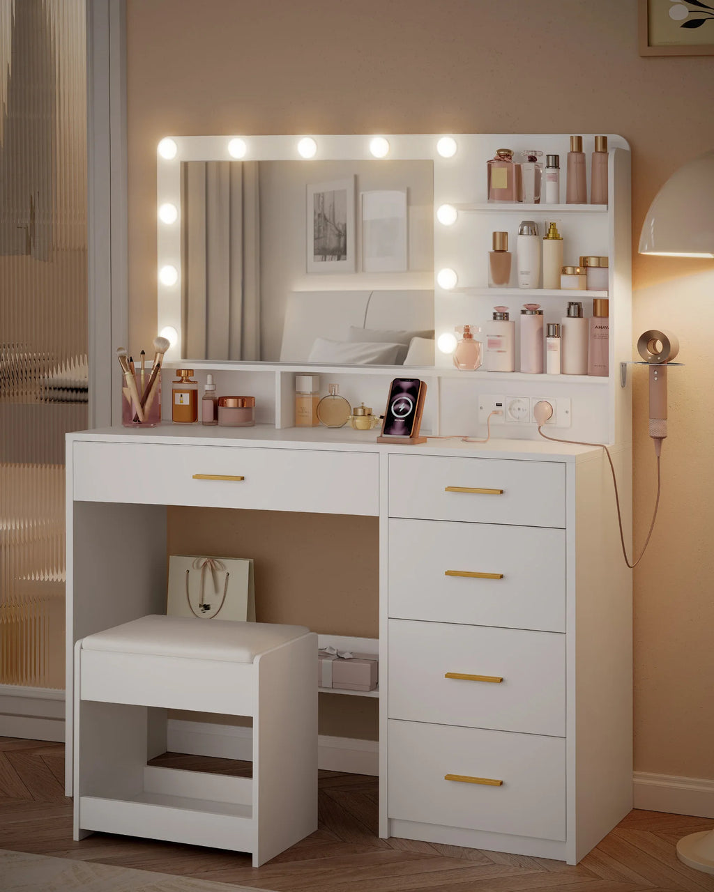 Coiffeuse avec Tabouret, 10 LED et Support Sèche-Cheveux - Agathe – vue 2