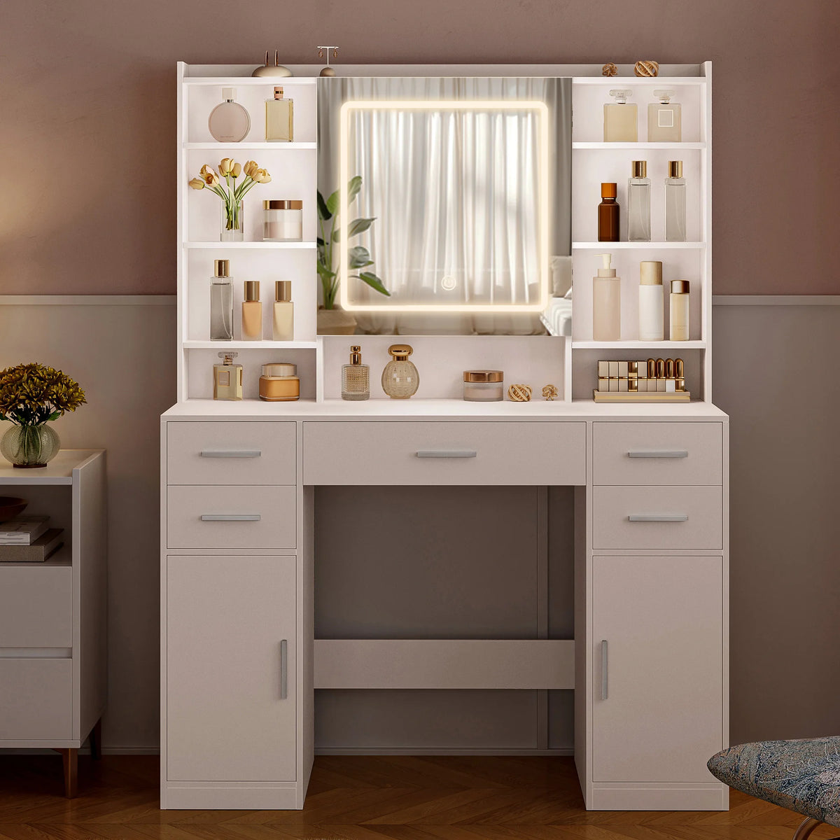 Coiffeuse avec 5 Tiroirs, 2 Armoires et Rangement Caché - Hélène