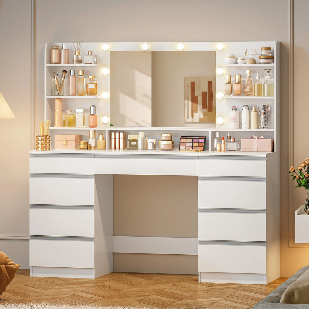Grande Coiffeuse 150 cm avec Miroir 10 LED - Charlotte