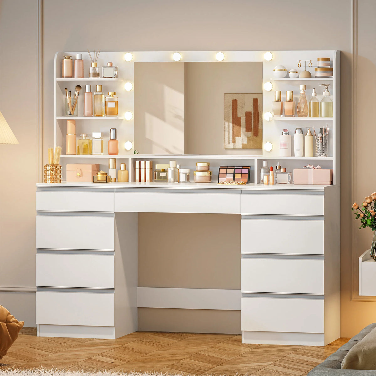 Grande Coiffeuse 150 cm avec Miroir 10 LED - Charlotte