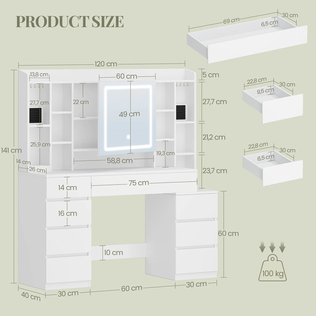 Coiffeuse 120 cm avec Rangement Bijoux Caché - Zoé – vue 6