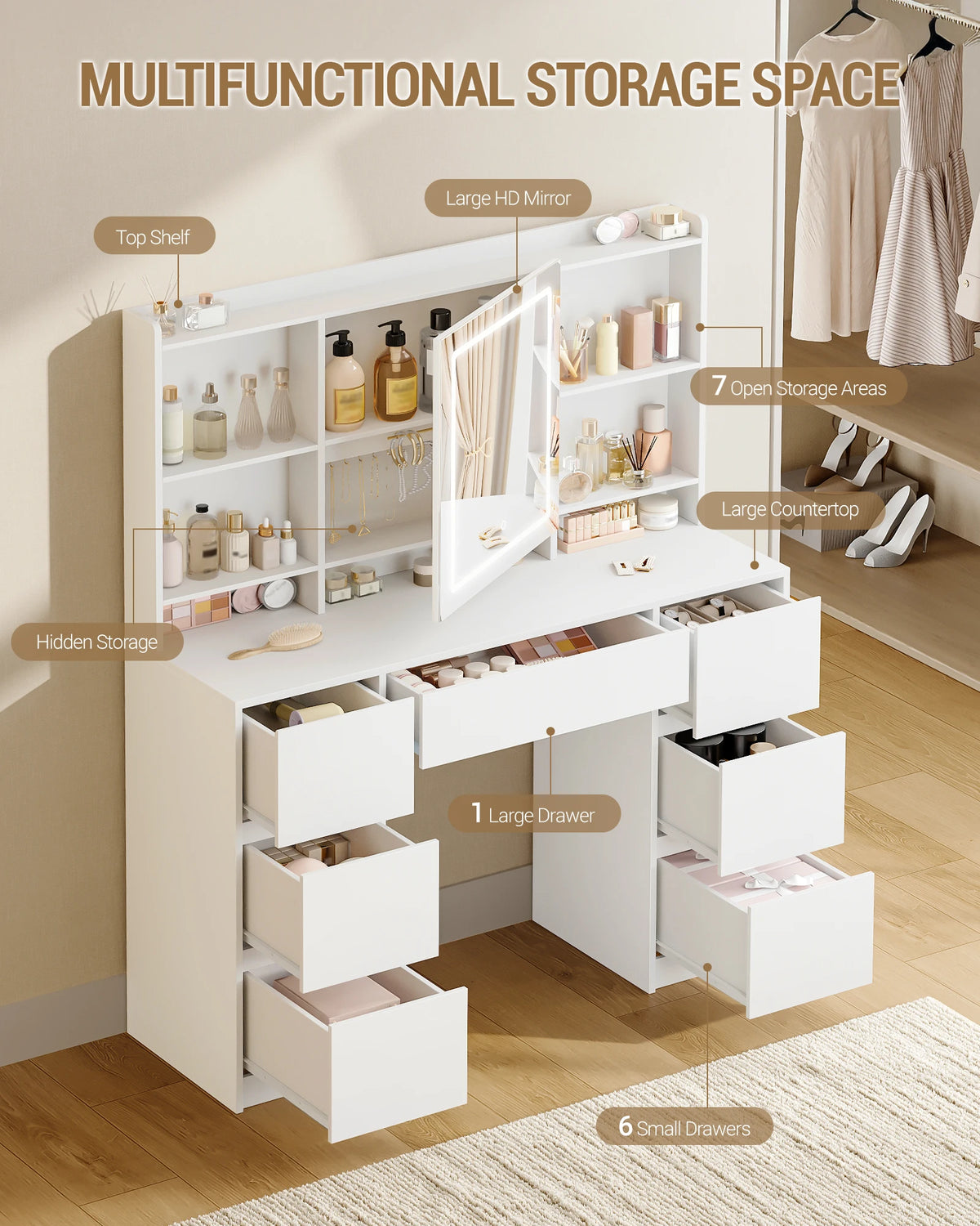 Coiffeuse avec Grand Miroir LED et 7 Tiroirs - Adèle – vue 4