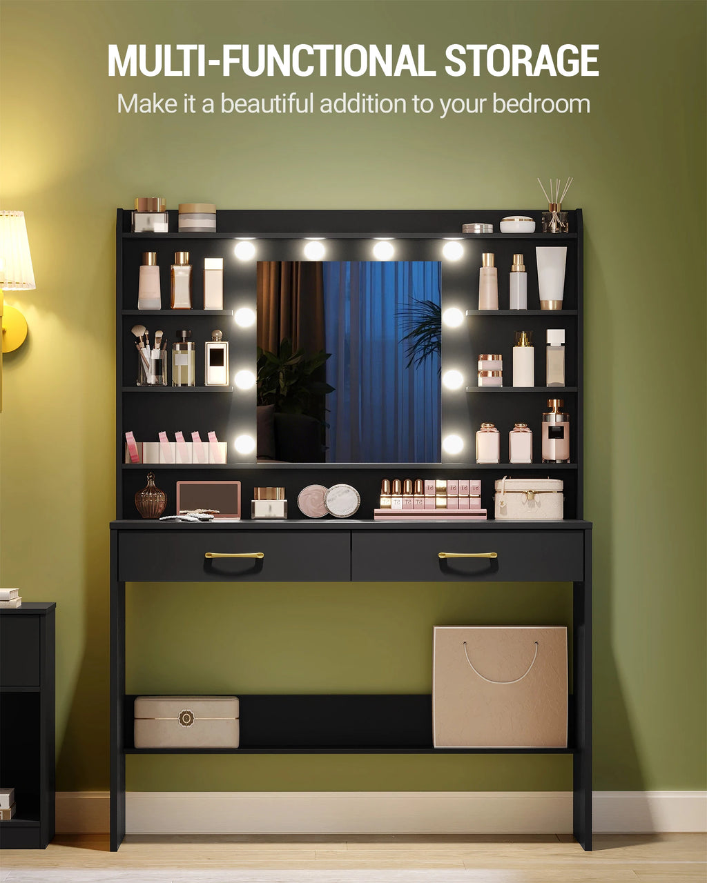 Coiffeuse Noire avec Miroir LED et 2 Tiroirs - Luna – vue 3