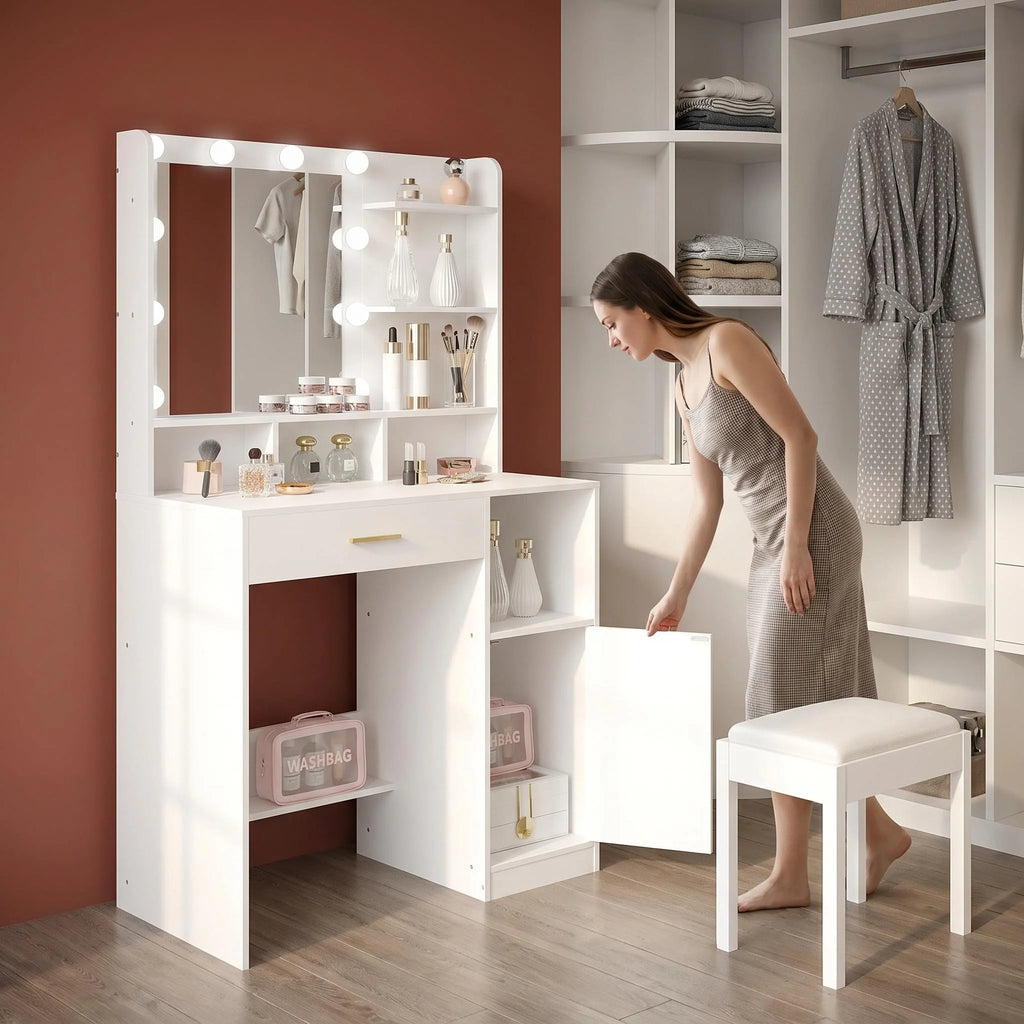 Coiffeuse avec Miroir 10 LED et 3 Étagères - Lucie
