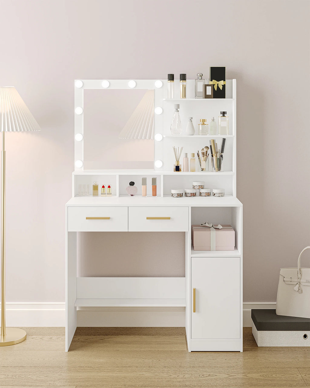 Coiffeuse avec Miroir HD 10 LED et 4 Niches - Juliette