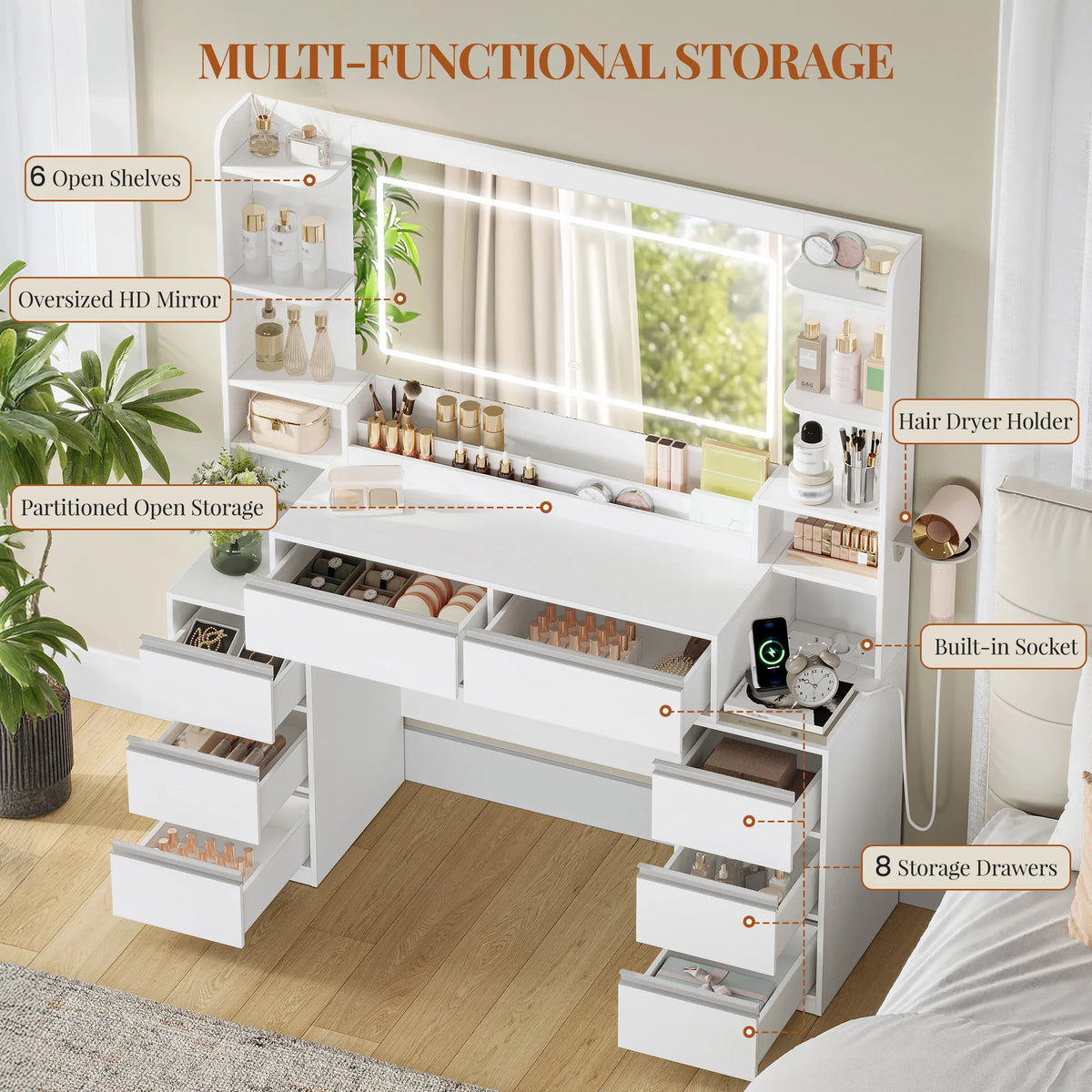 Coiffeuse avec Grand Miroir, 8 Tiroirs et Support Sèche-Cheveux - Inès – vue 5