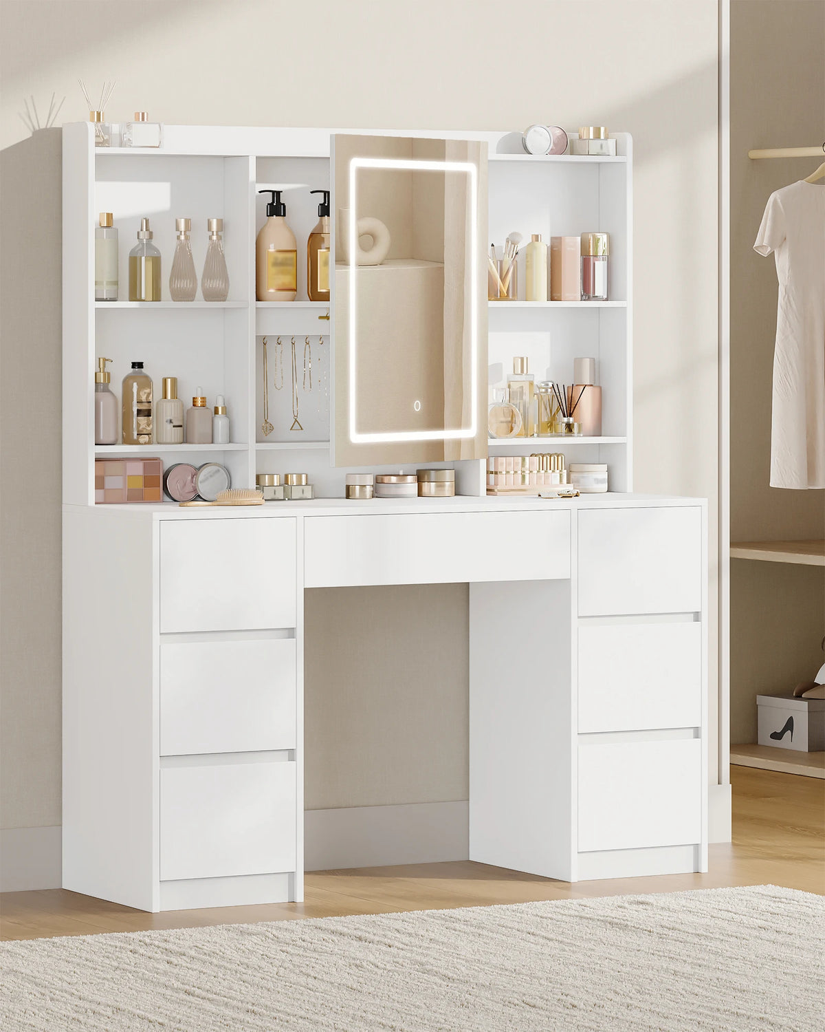 Coiffeuse avec Grand Miroir LED et 7 Tiroirs - Adèle – vue 2