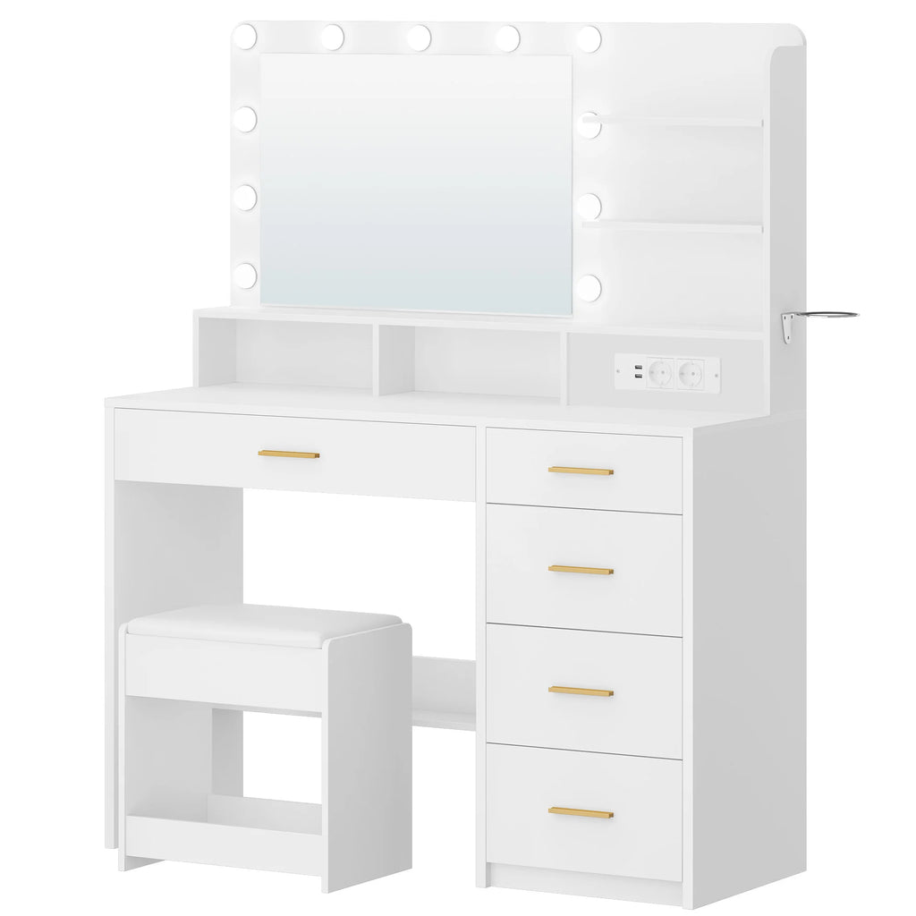 Coiffeuse avec Tabouret, 10 LED et Support Sèche-Cheveux - Agathe
