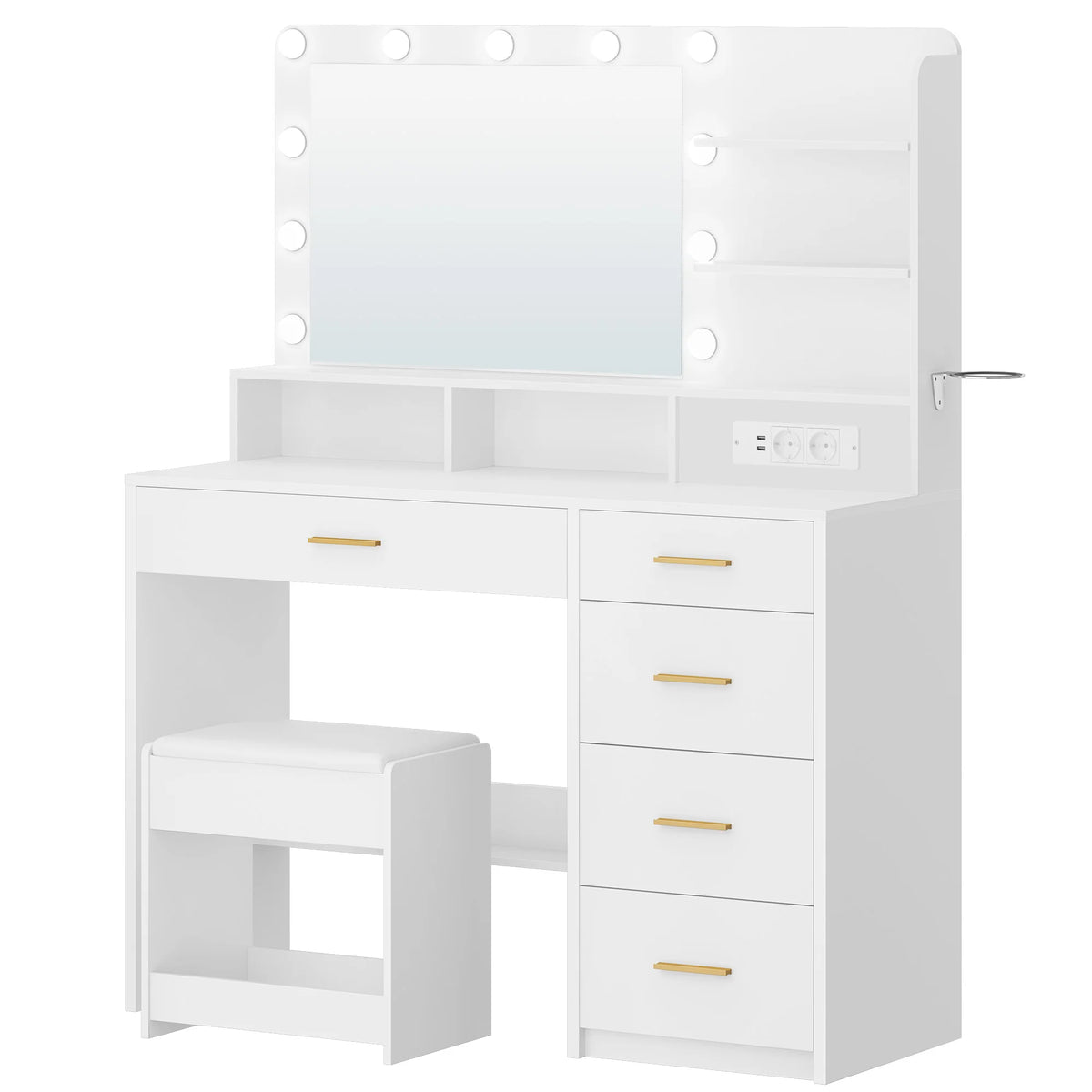 Coiffeuse avec Tabouret, 10 LED et Support Sèche-Cheveux - Agathe