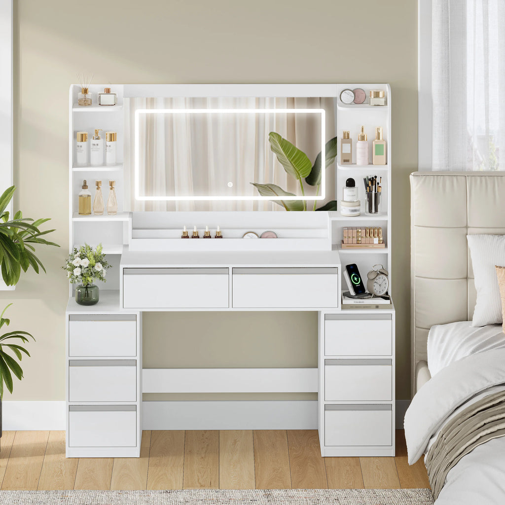 Coiffeuse avec Grand Miroir, 8 Tiroirs et Support Sèche-Cheveux - Inès