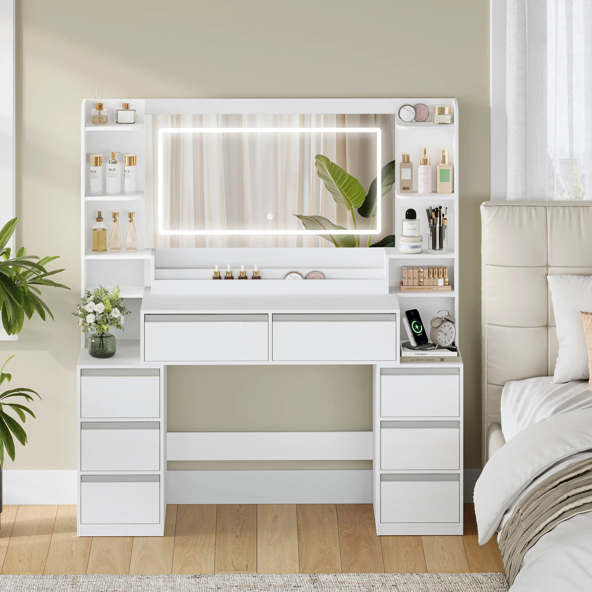 Coiffeuse avec Grand Miroir, 8 Tiroirs et Support Sèche-Cheveux - Inès