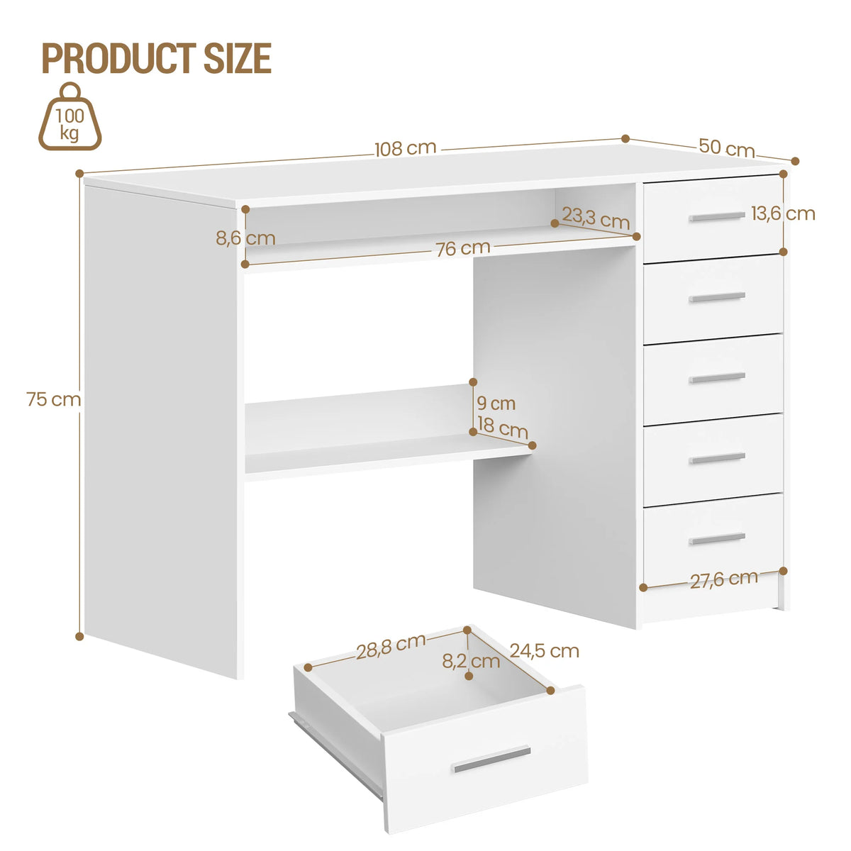 Bureau Blanc avec 5 Tiroirs - Lucas – vue 6