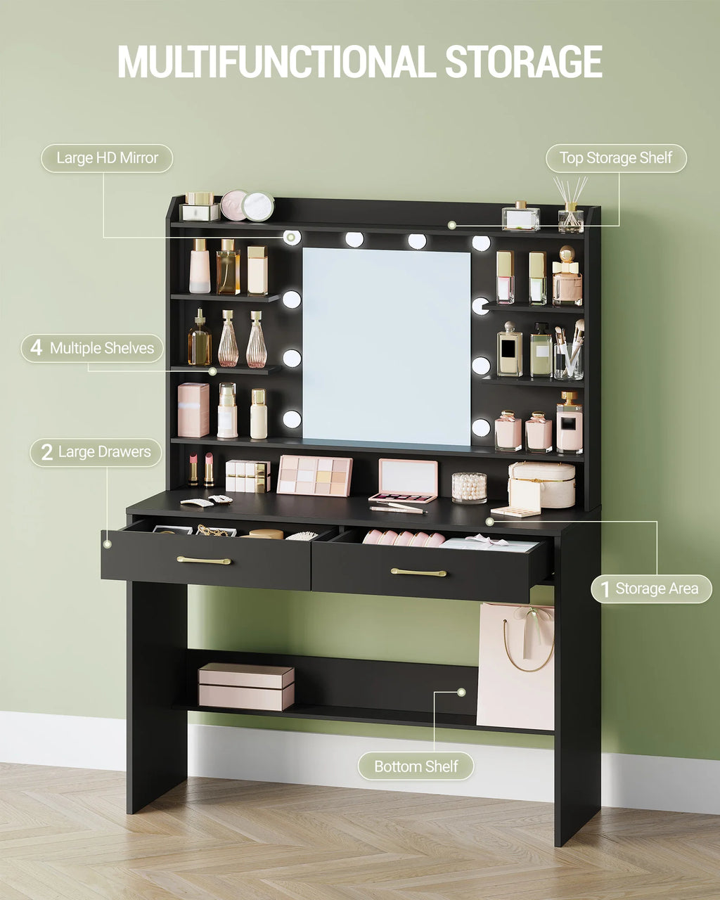 Coiffeuse Noire avec Miroir LED et 2 Tiroirs - Luna – vue 2