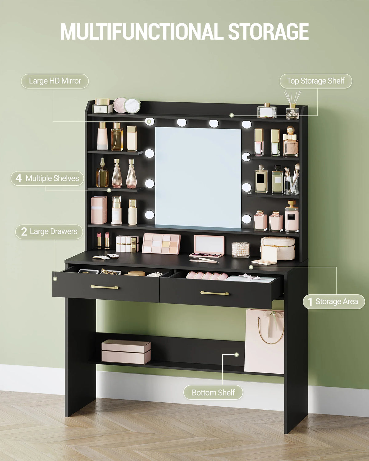 Coiffeuse Noire avec Miroir LED et 2 Tiroirs - Luna – vue 2