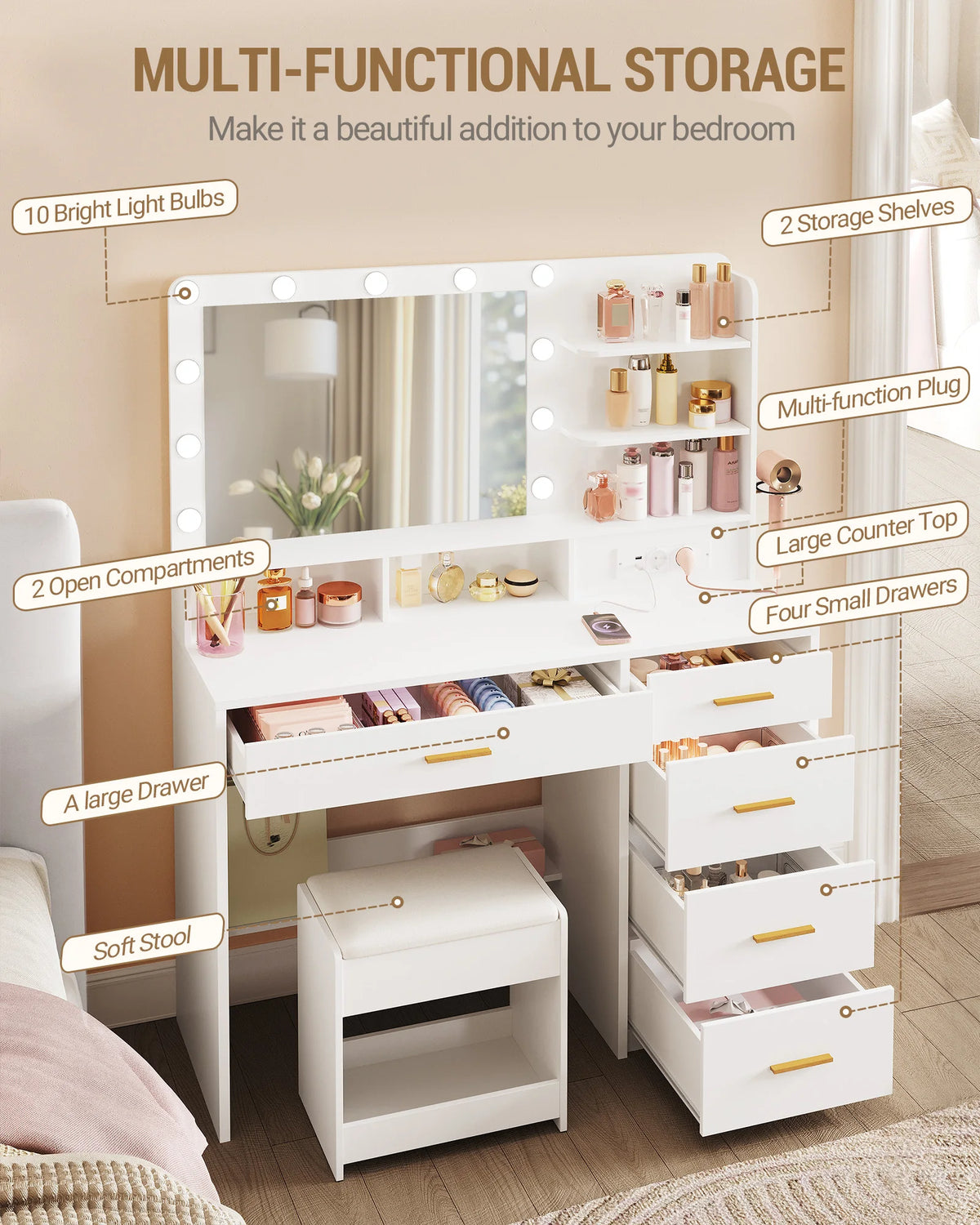Coiffeuse avec Tabouret, 10 LED et Support Sèche-Cheveux - Agathe – vue 3