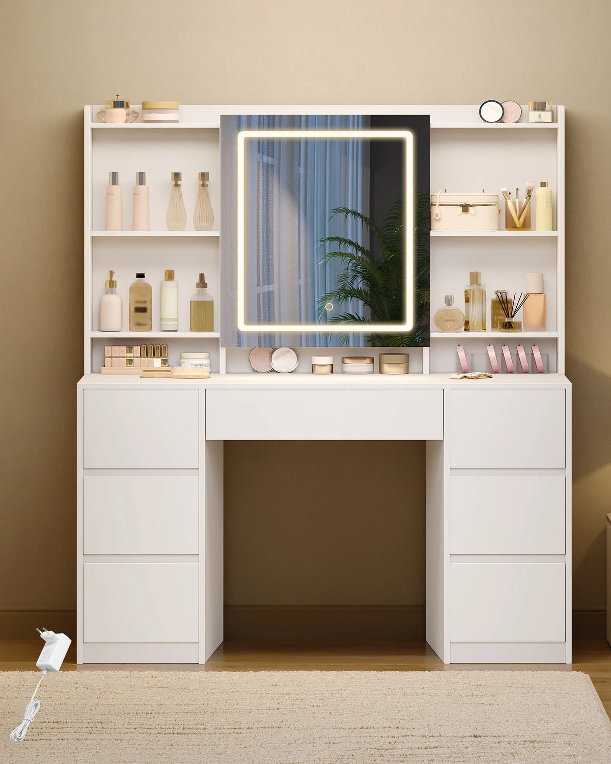 Coiffeuse avec Grand Miroir LED et 7 Tiroirs - Adèle