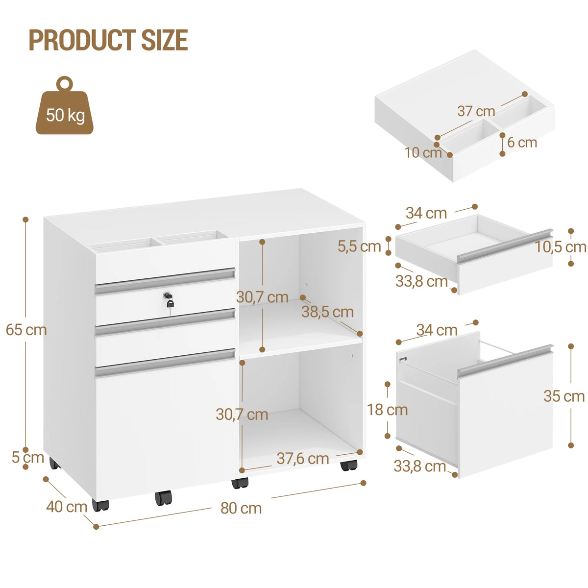 Caisson de Bureau Large 3 Tiroirs avec Serrure - Simon – vue 6