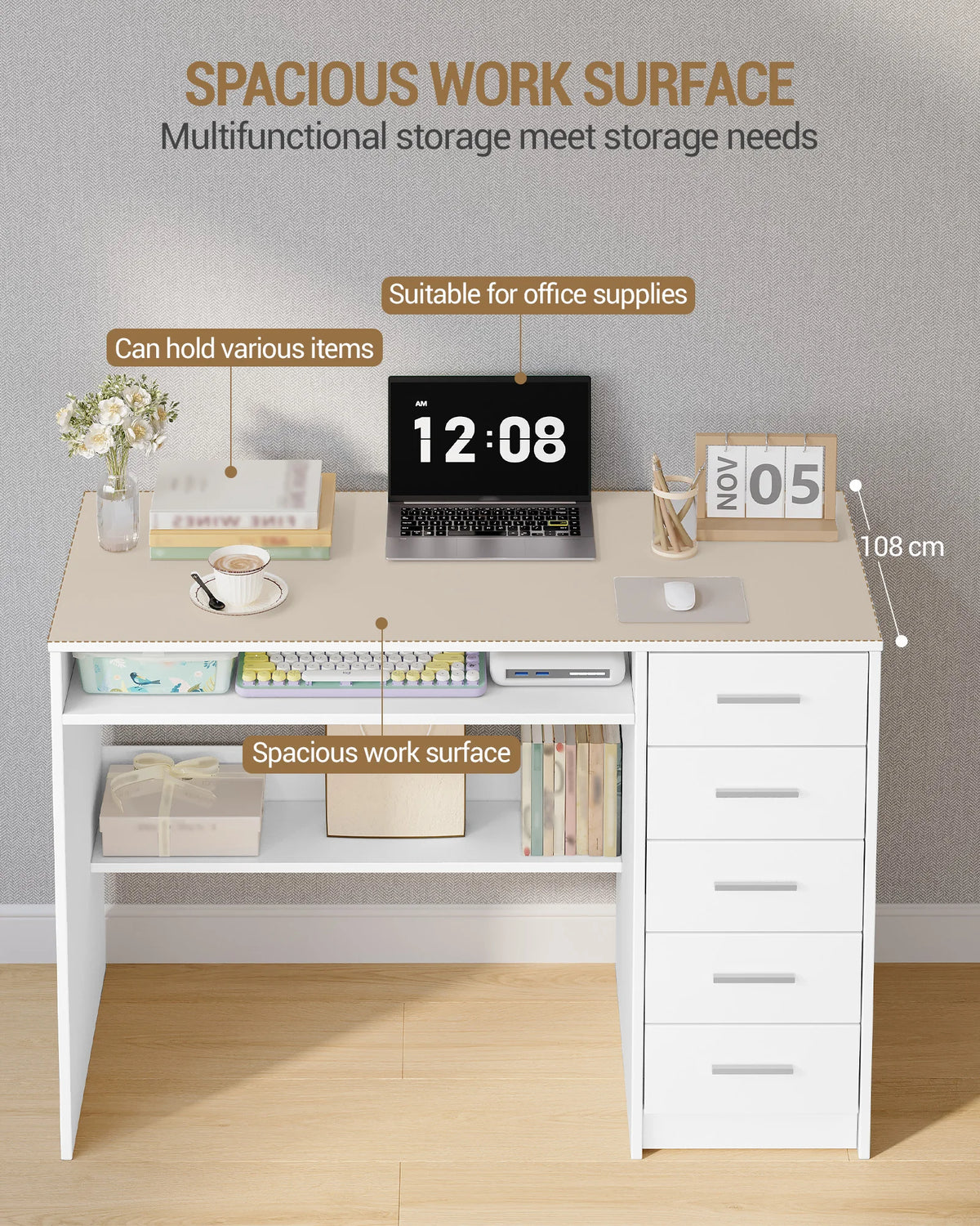Bureau Blanc avec 5 Tiroirs - Lucas – vue 3