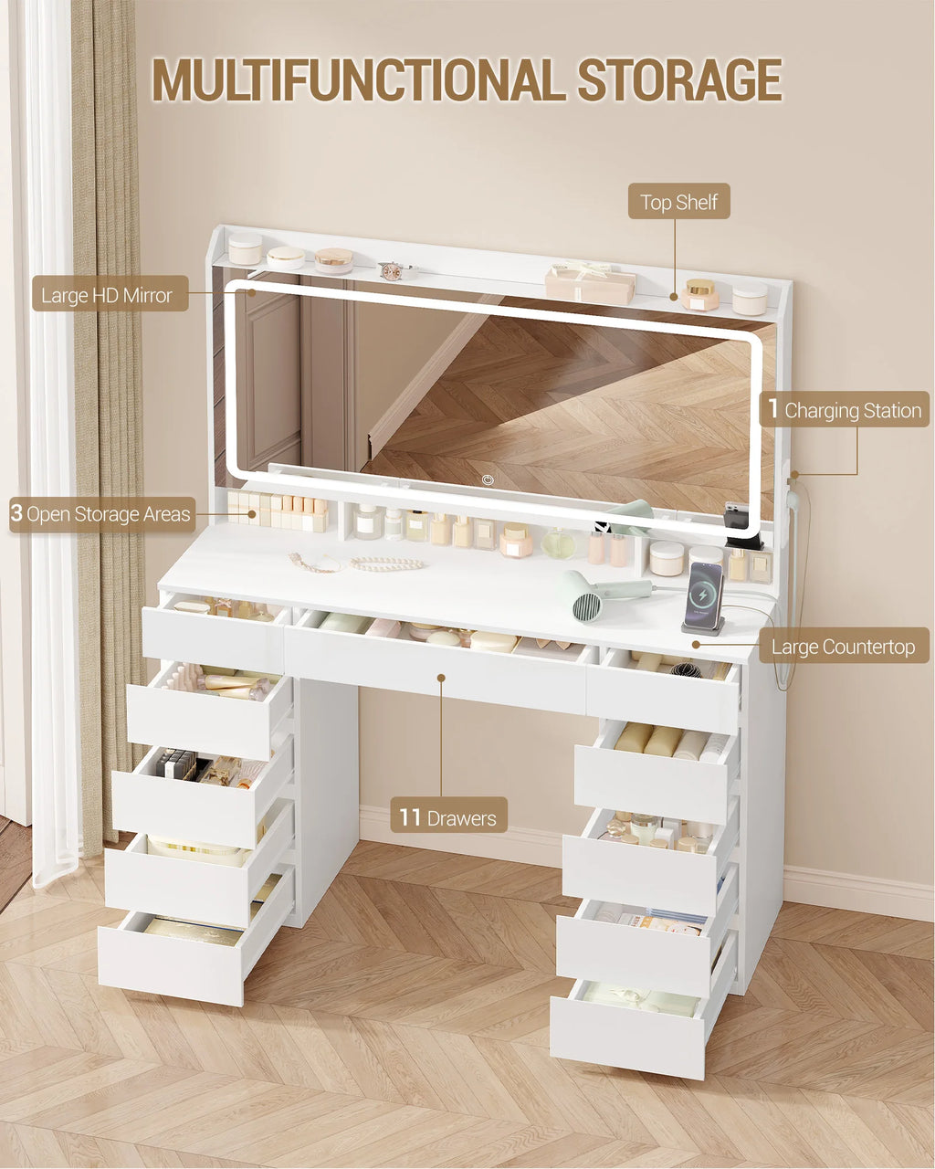 Grande Coiffeuse avec Miroir HD LED et 11 Tiroirs - Victoire – vue 2