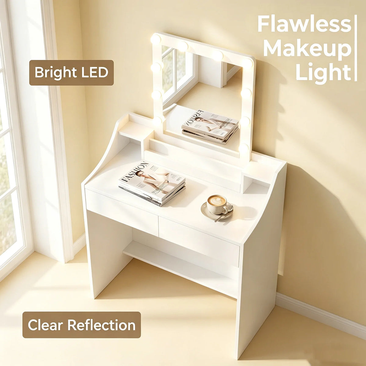 Coiffeuse 80 cm avec Miroir LED et 2 Tiroirs - Rosalie – vue 3