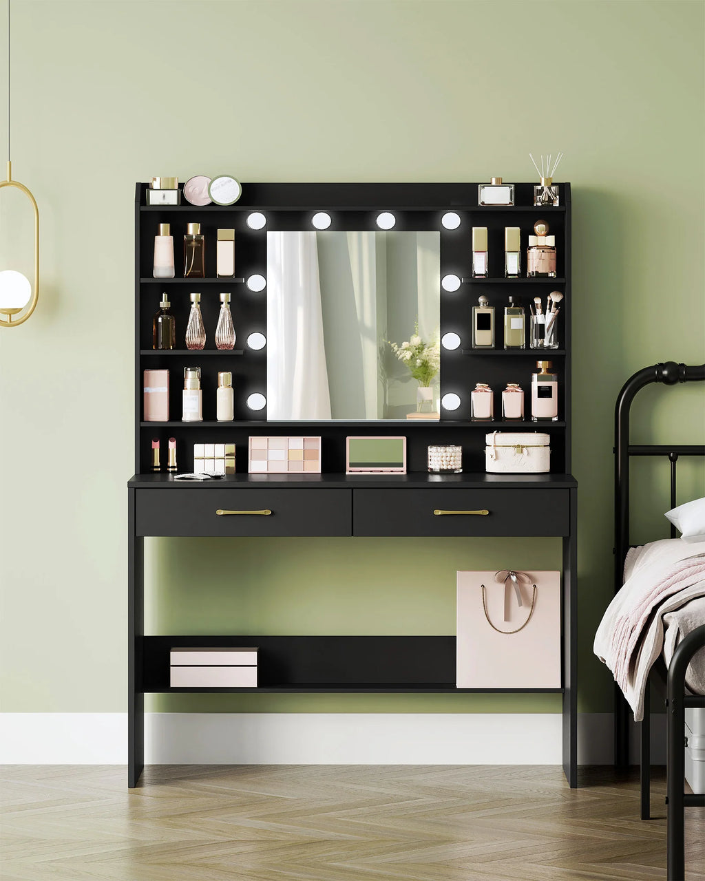 Coiffeuse Noire avec Miroir LED et 2 Tiroirs - Luna