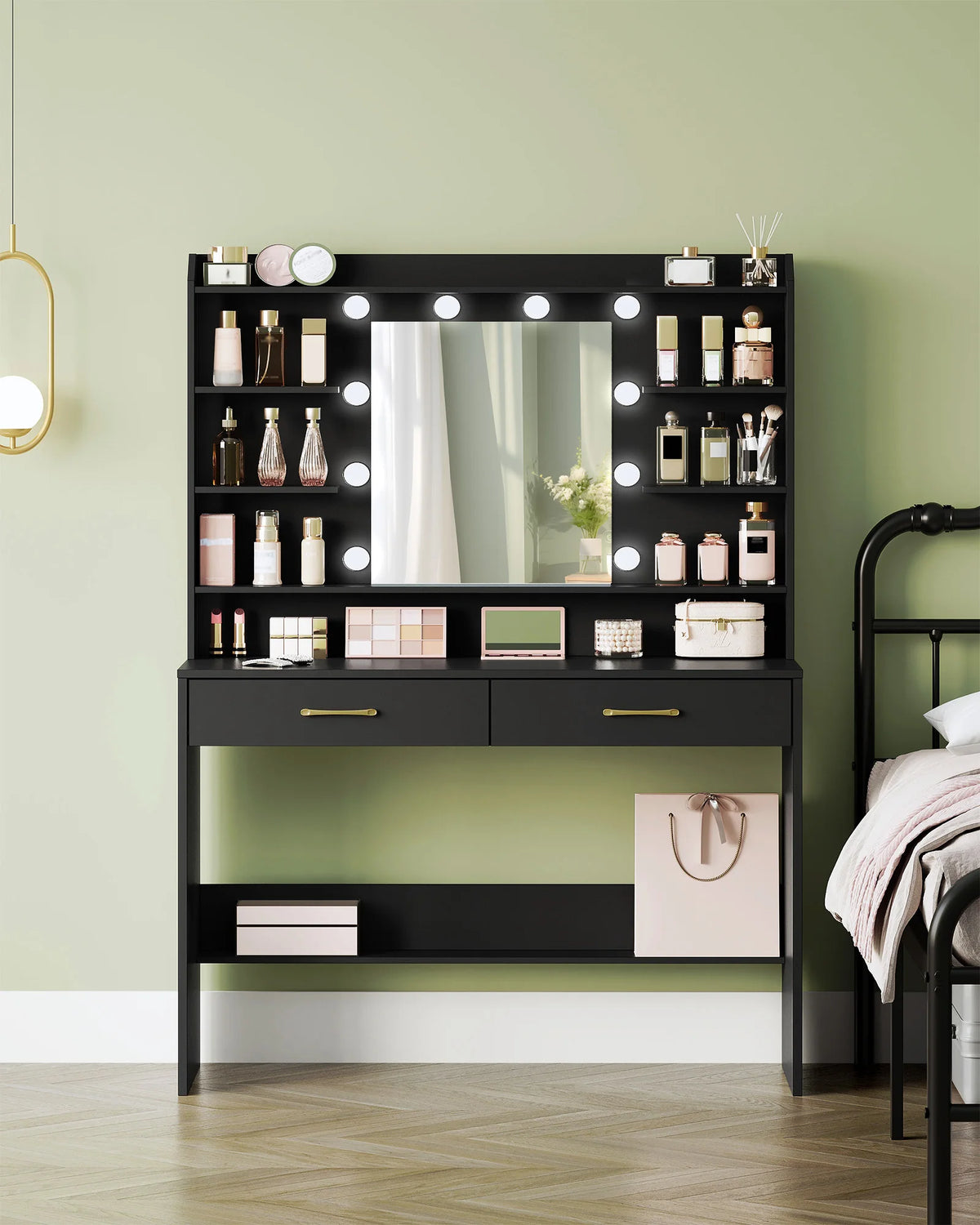 Coiffeuse Noire avec Miroir LED et 2 Tiroirs - Luna