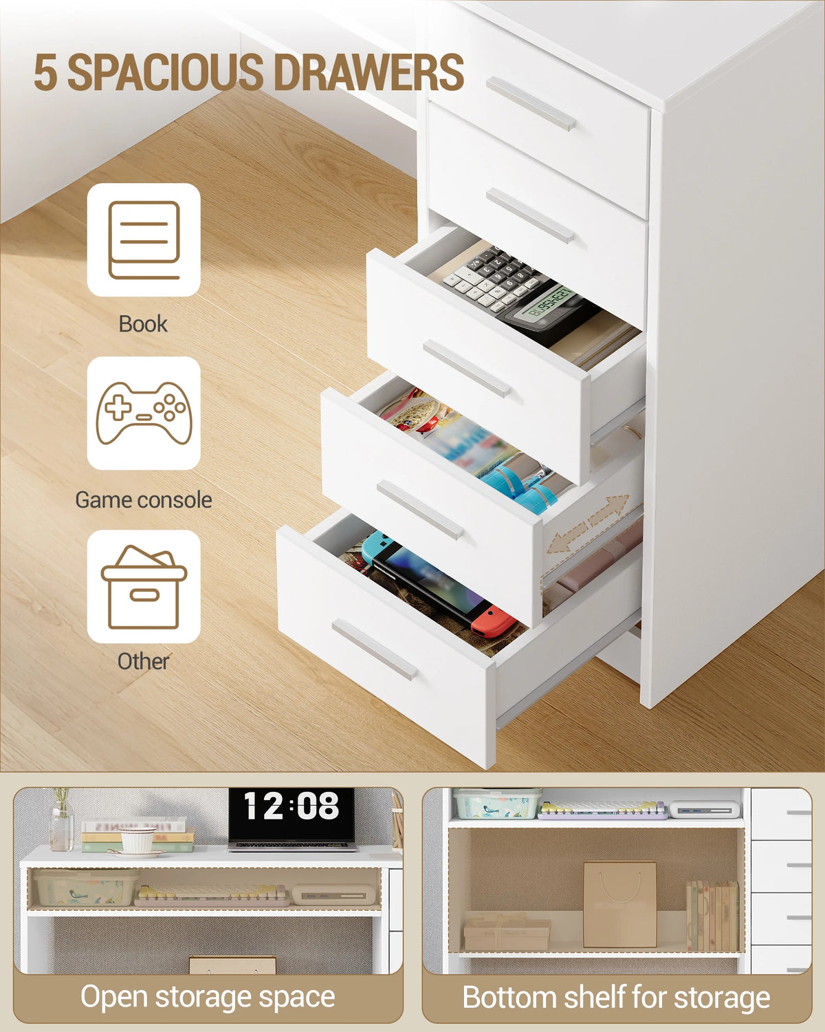 Bureau Blanc avec 5 Tiroirs - Lucas – vue 5