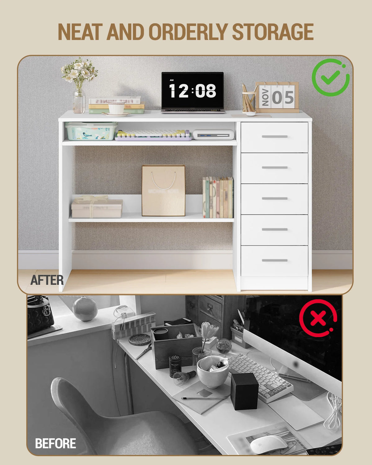 Bureau Blanc avec 5 Tiroirs - Lucas – vue 4