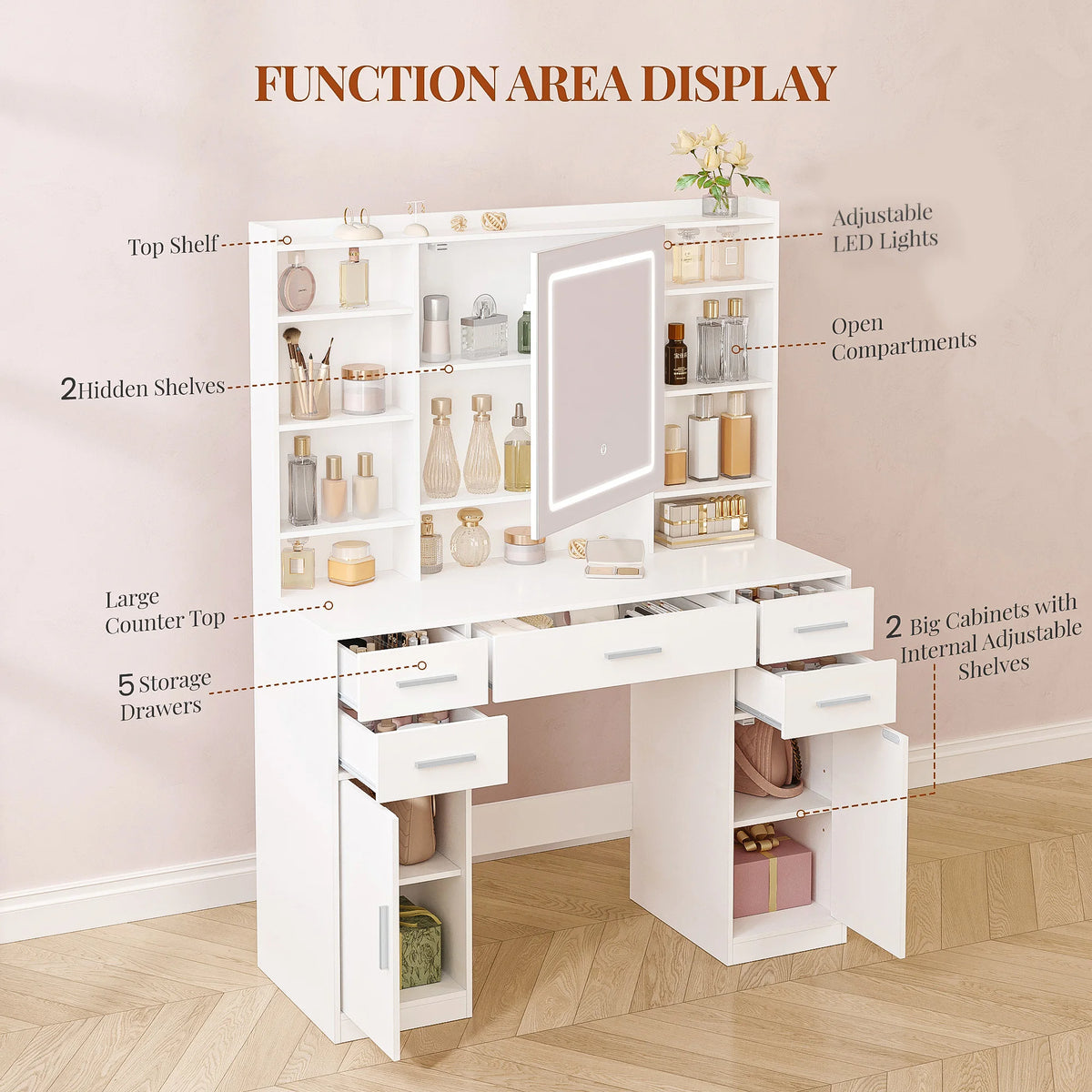 Coiffeuse avec 5 Tiroirs, 2 Armoires et Rangement Caché - Hélène – vue 3