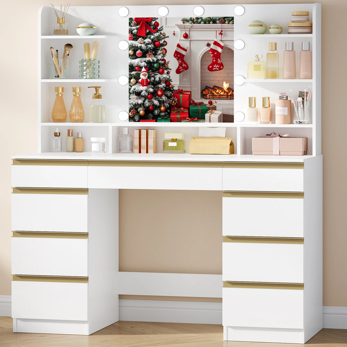 Coiffeuse avec Grand Miroir HD et 9 Tiroirs - Chloé – vue 2