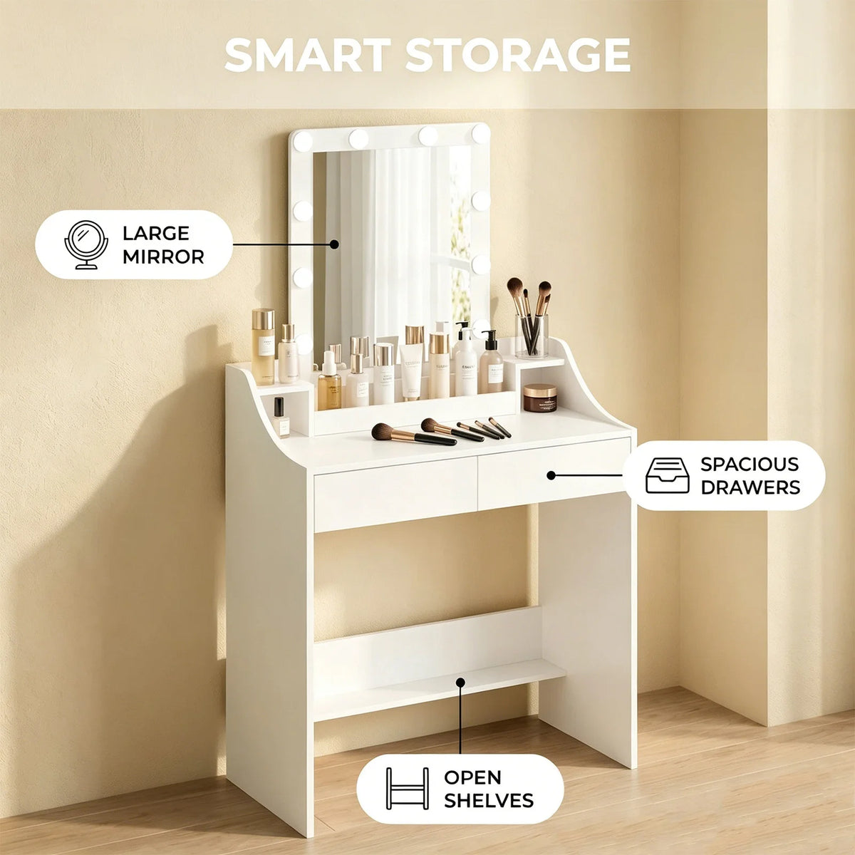 Coiffeuse 80 cm avec Miroir LED et 2 Tiroirs - Rosalie – vue 2