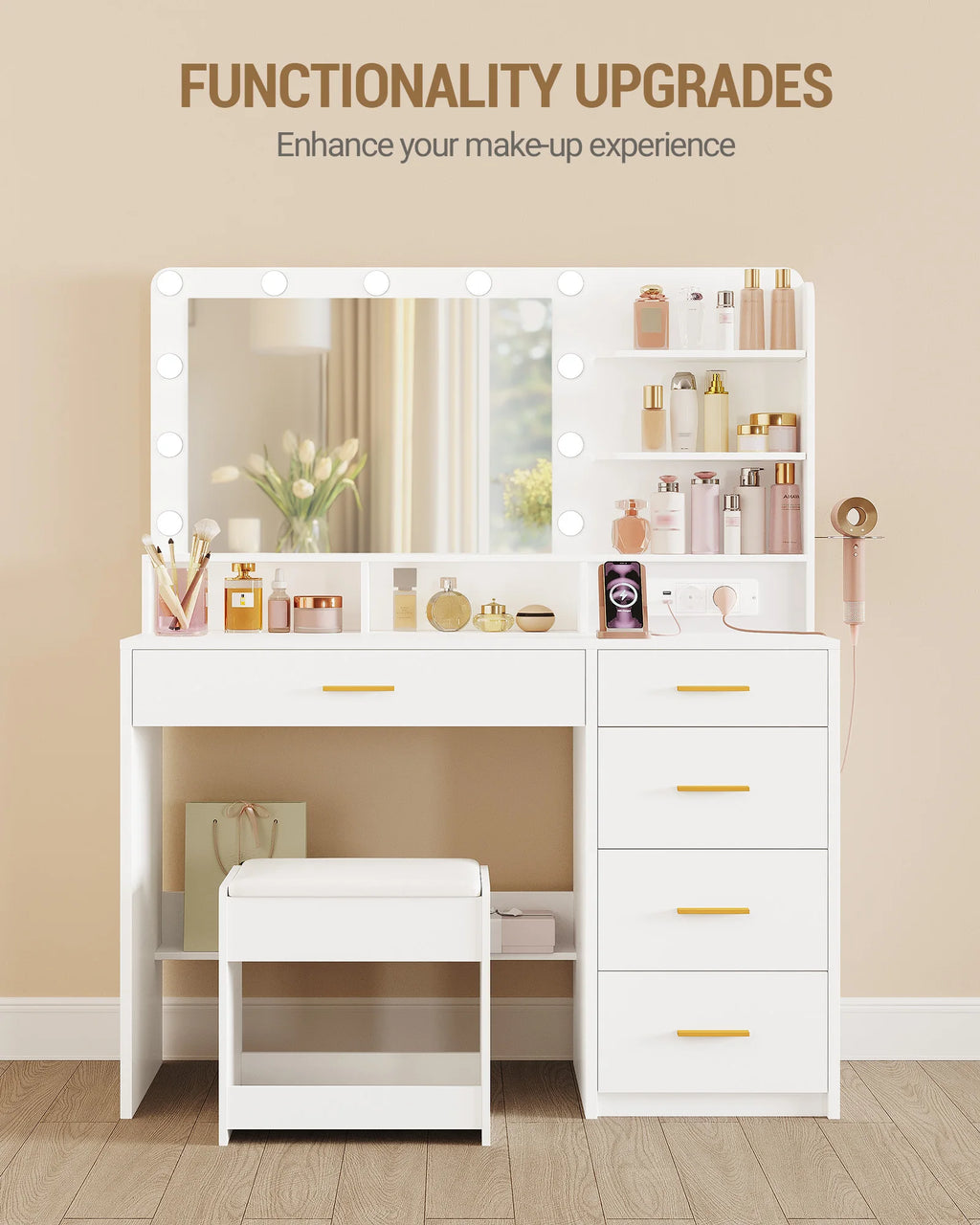 Coiffeuse avec Tabouret, 10 LED et Support Sèche-Cheveux - Agathe – vue 5