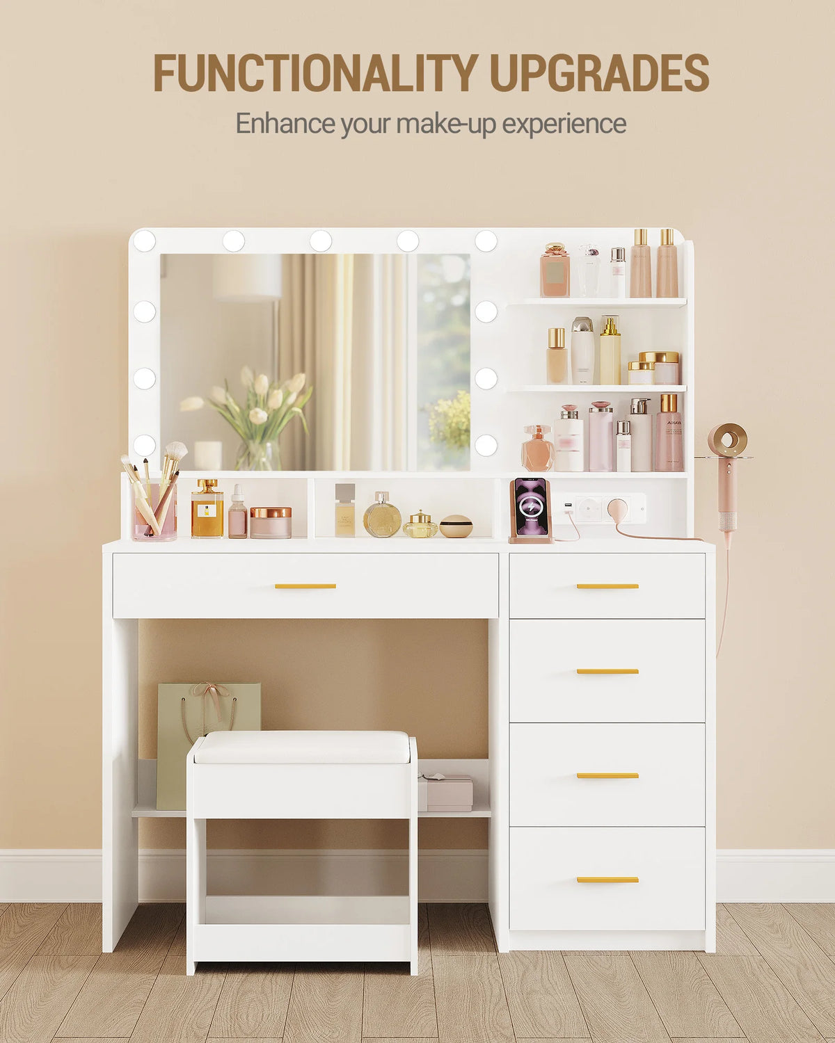 Coiffeuse avec Tabouret, 10 LED et Support Sèche-Cheveux - Agathe – vue 5