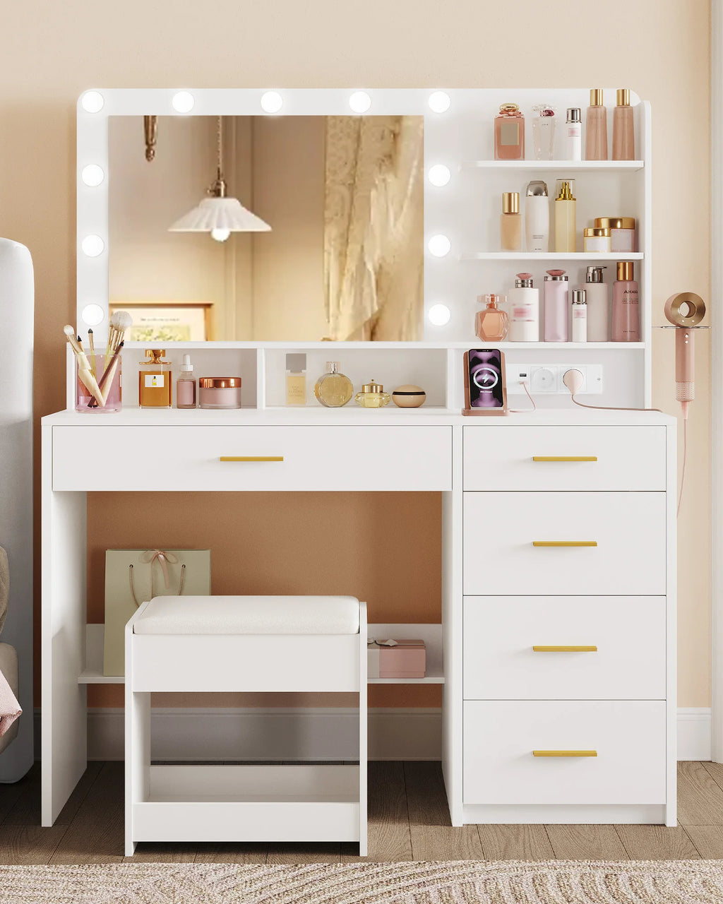 Coiffeuse avec Tabouret, 10 LED et Support Sèche-Cheveux - Agathe