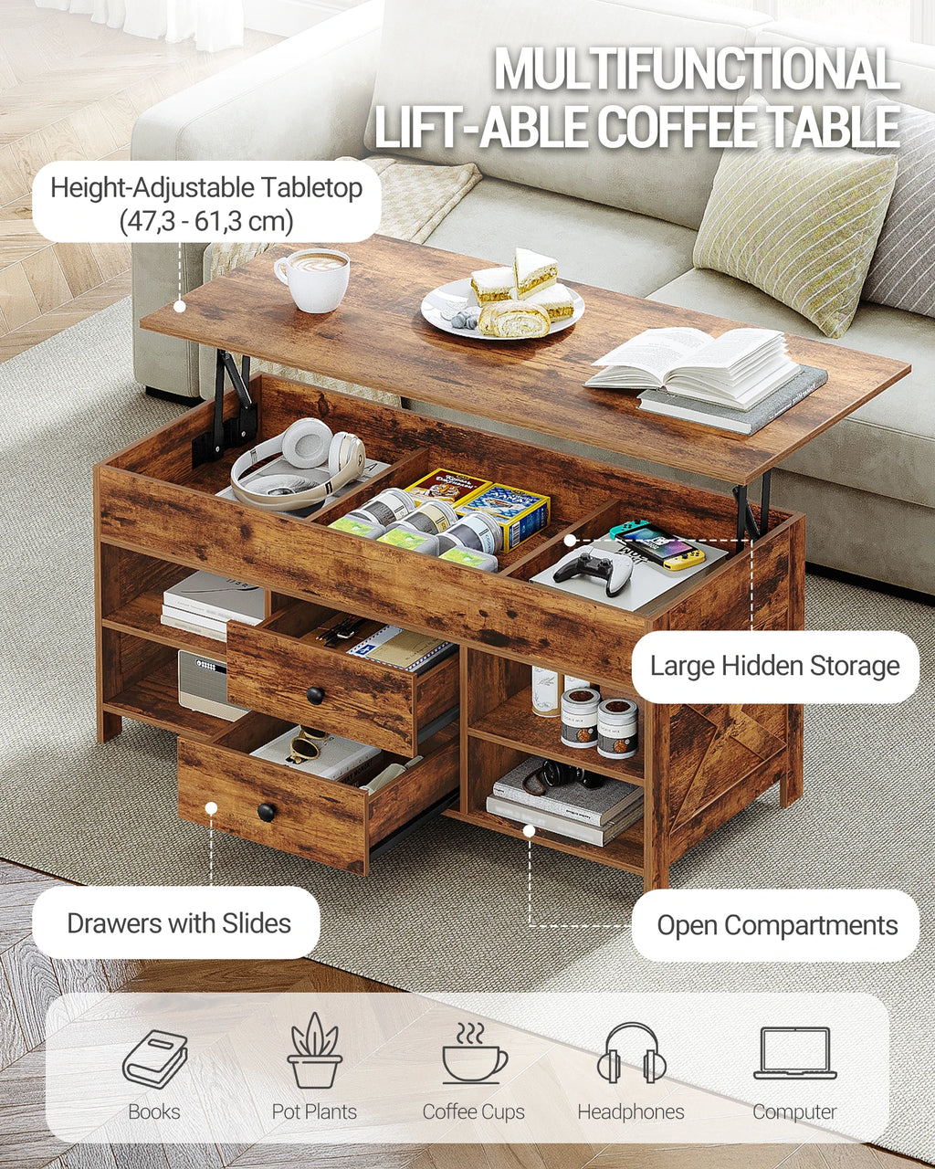 Table Basse Relevable avec 2 Tiroirs - Noah – vue 5