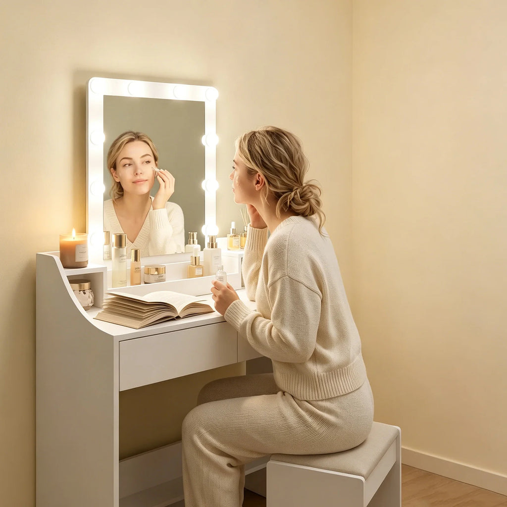 Coiffeuse 80 cm avec Miroir LED et 2 Tiroirs - Rosalie – vue 4