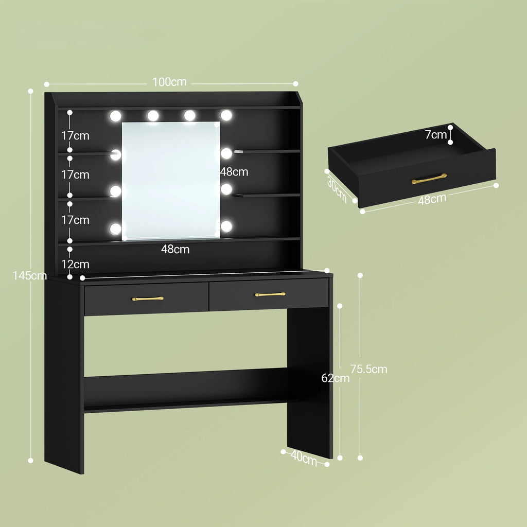 Coiffeuse Noire avec Miroir LED et 2 Tiroirs - Luna – vue 6