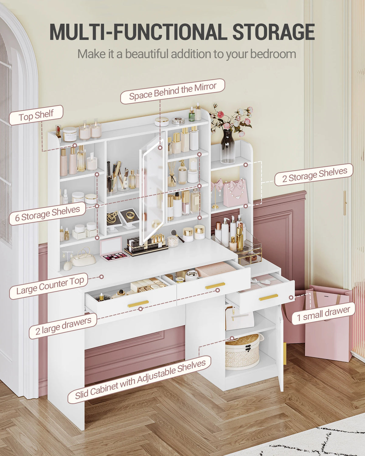 Coiffeuse 100 cm avec Miroir LED et Armoire - Julie – vue 4