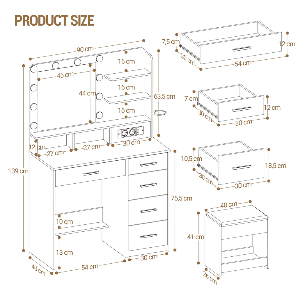 Coiffeuse avec Tabouret, Miroir LED et Prise Électrique - Camille – vue 6