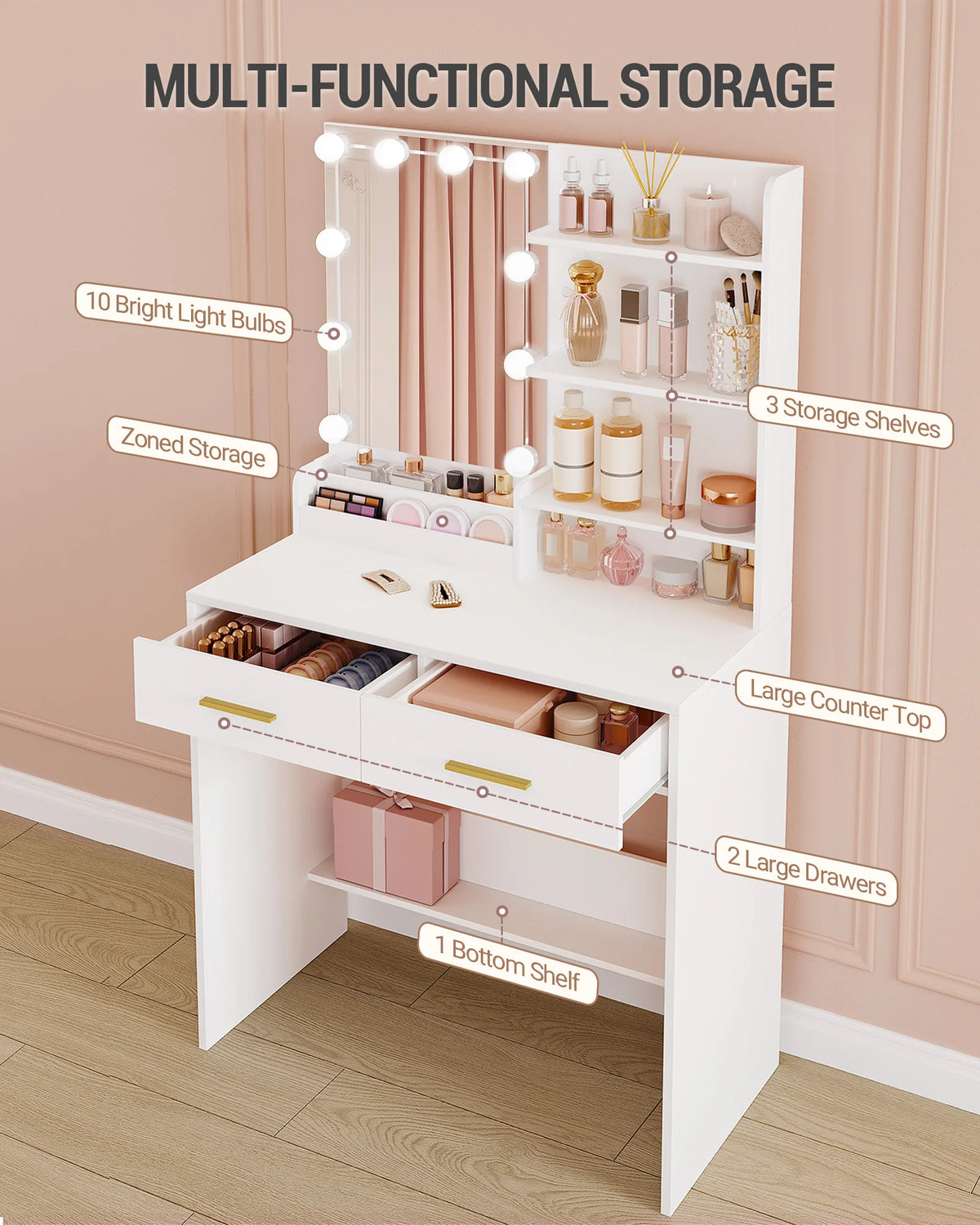Coiffeuse Commode avec Miroir LED 3 Couleurs - Lina – vue 2
