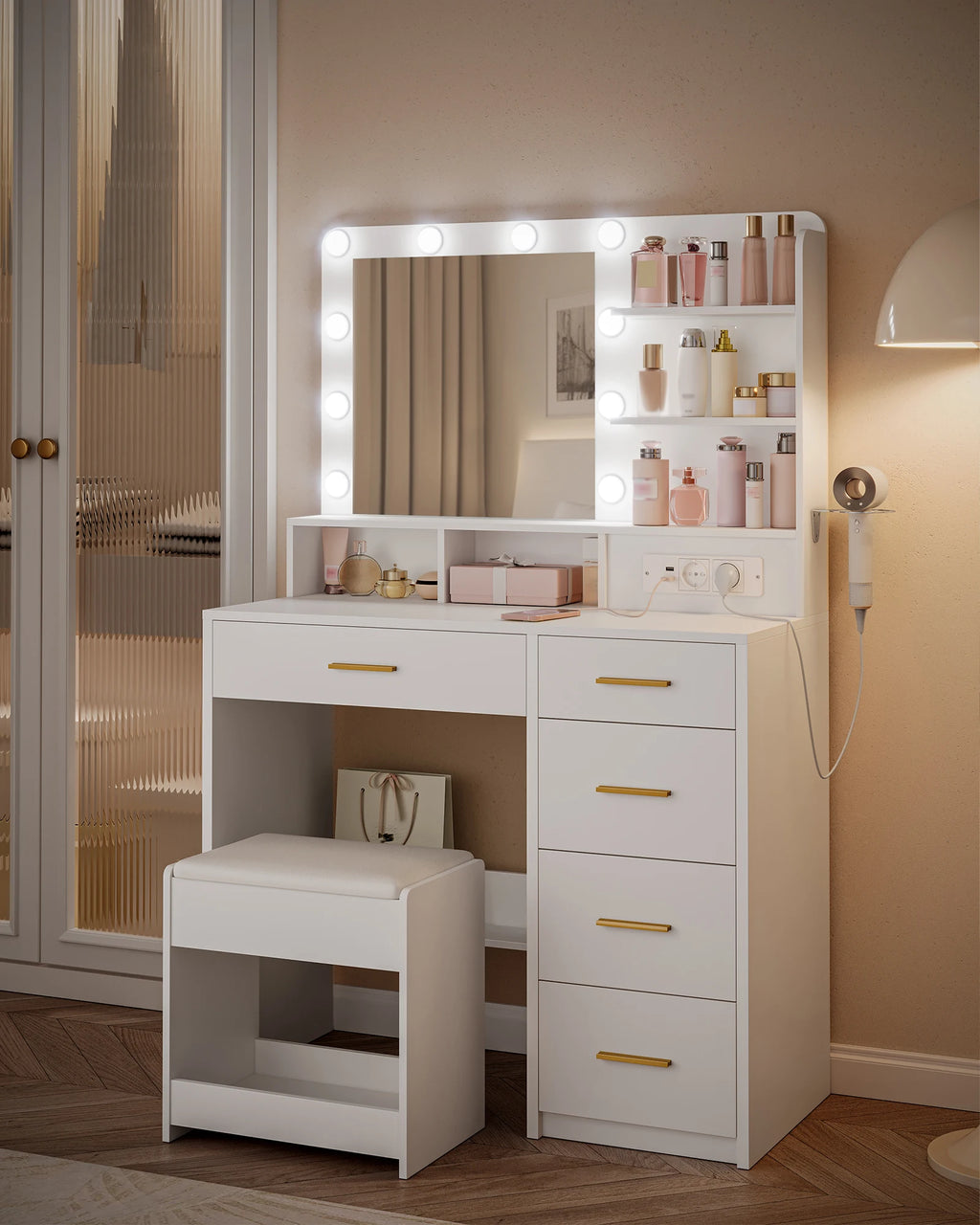Coiffeuse avec Tabouret, Miroir LED et Prise Électrique - Camille – vue 2