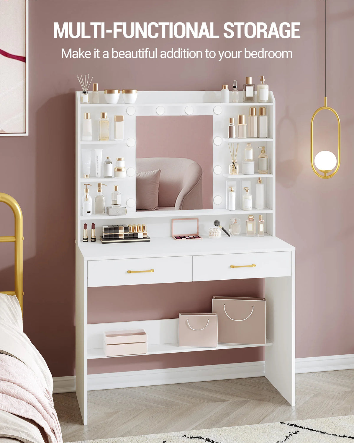 Coiffeuse Blanche avec Miroir Lumineux et 2 Tiroirs - Lola – vue 4