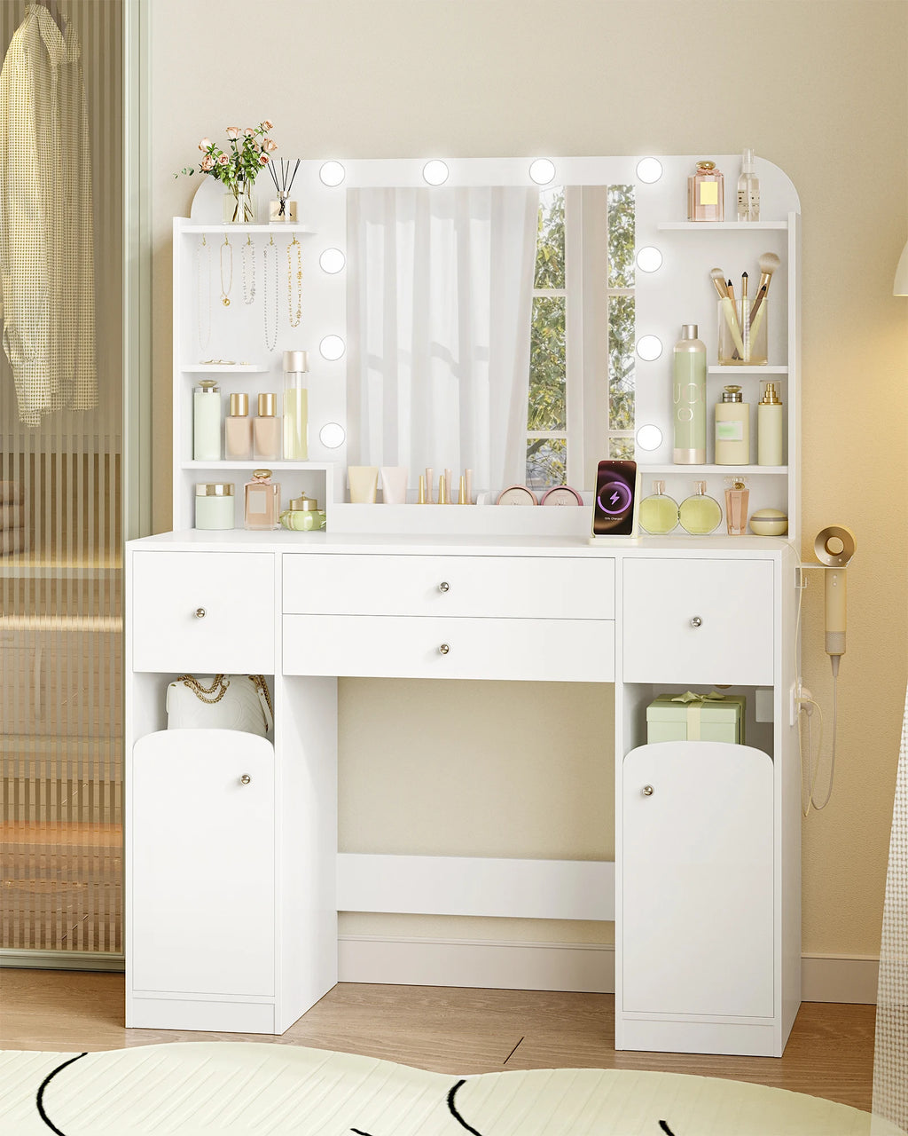 Coiffeuse LED avec Prises USB et Support Sèche-Cheveux - Manon – vue 2