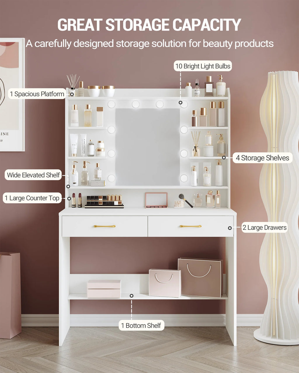 Coiffeuse Blanche avec Miroir Lumineux et 2 Tiroirs - Lola – vue 3