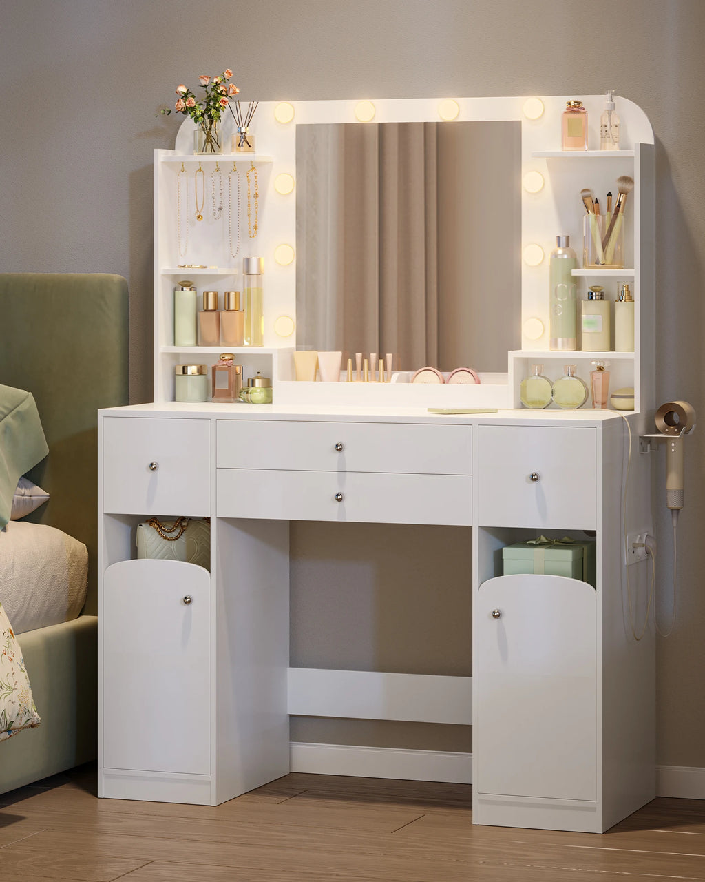 Coiffeuse LED avec Prises USB et Support Sèche-Cheveux - Manon