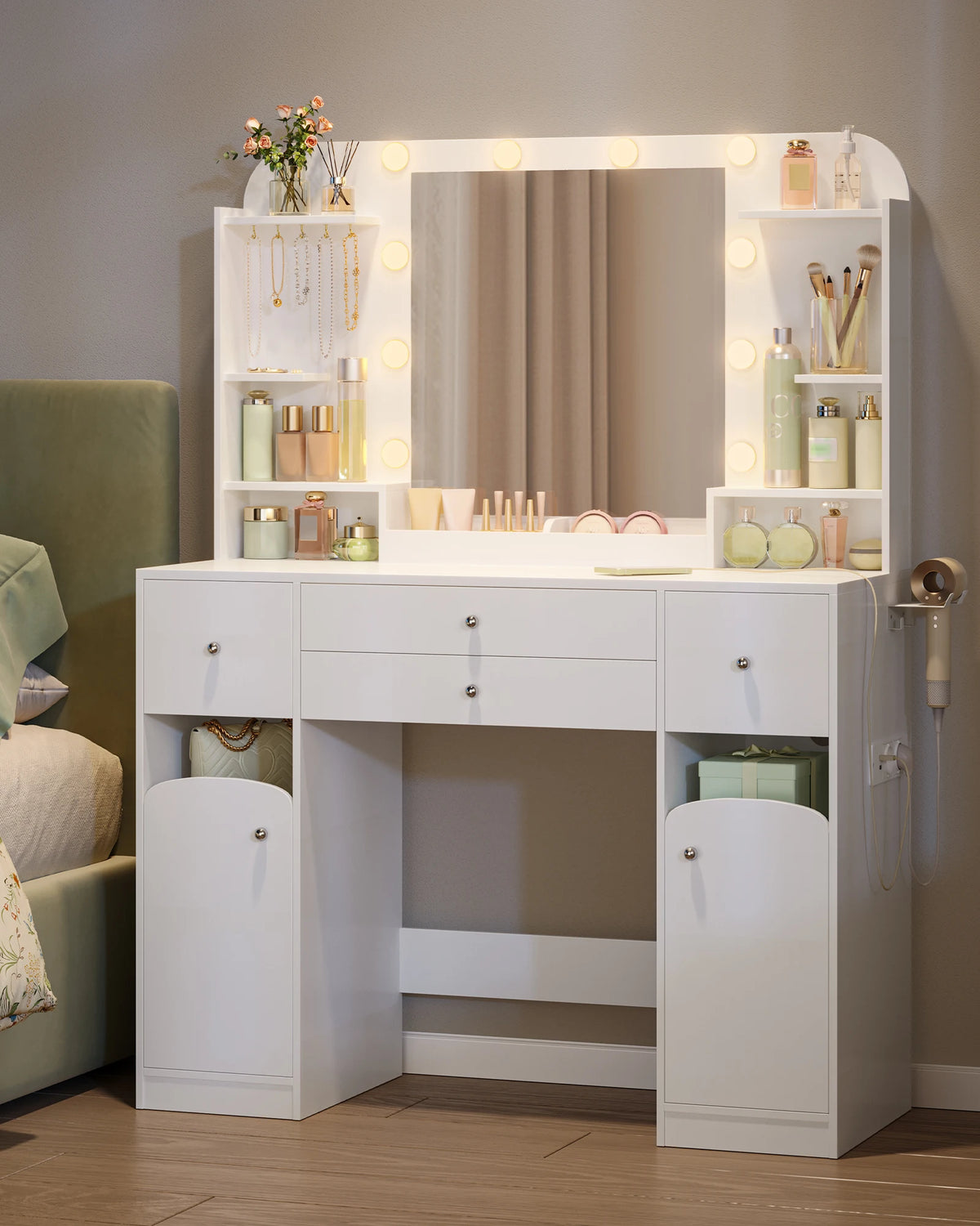 Coiffeuse LED avec Prises USB et Support Sèche-Cheveux - Manon