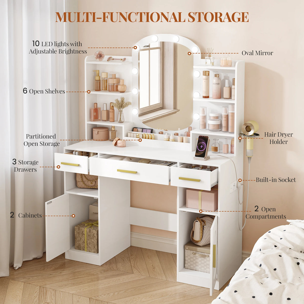 Coiffeuse avec Miroir Ovale et Support Sèche-Cheveux - Céleste – vue 3
